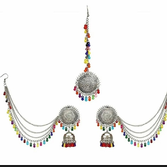 Jewelry - Indian silver oxidized ethnic vintage Bollywood maang tikka bahubali earrings